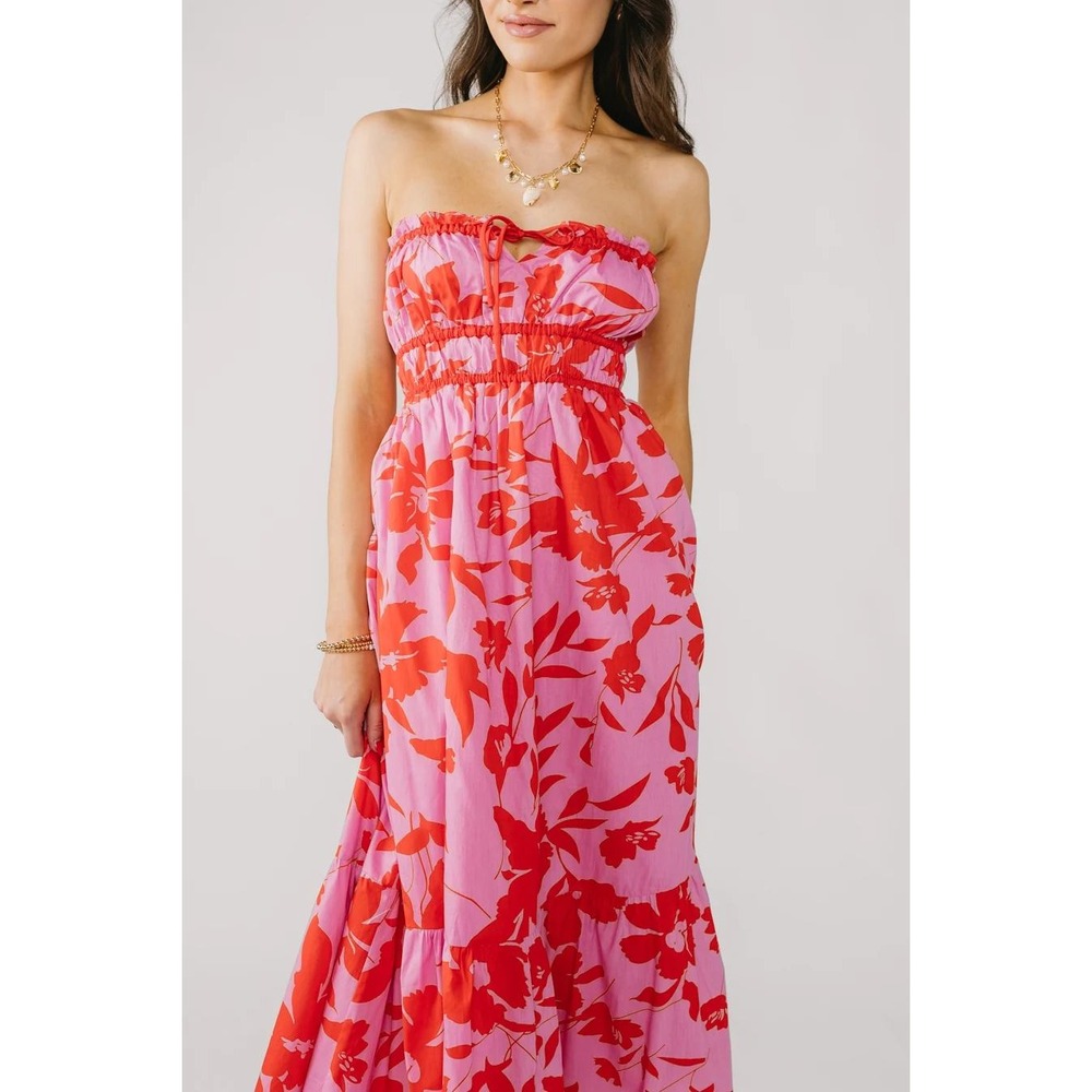 NWT Altar'd State Pink Red Floral Smocked Strapless Maxi Dress Tiered Boho